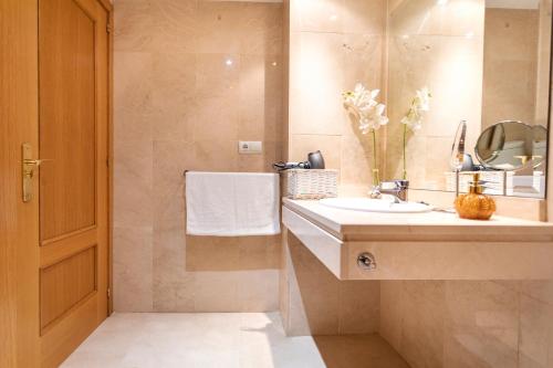 La salle de bains est pourvue d'un lavabo et d'un miroir. dans l'établissement Araucaria Garden & Parking, à Malaga