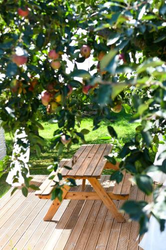 a wooden picnic table sitting under an apple tree at Serenity Luxury Villa, Skiathos in Agia Paraskevi
