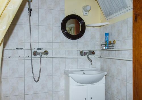 a bathroom with a sink and a shower at Familia Nyaraló 180 in Balatonmáriafürdő
