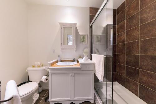 La salle de bains est pourvue de toilettes, d'un lavabo et d'une douche. dans l'établissement Les Immeubles Charlevoix - Le Perchoir 1018, à Québec