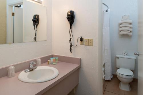 
a bathroom with a sink, toilet and mirror at Thunderbird Lodge in Chinle
