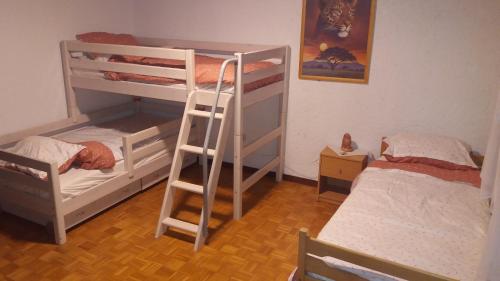 Appartment Bezenica في Dobrova: غرفة نوم بسريرين بطابقين وسلم