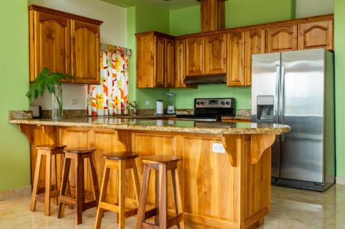 a kitchen with wooden cabinets and a stainless steel refrigerator at Lake Arenal Condos in Naranjos Agrios