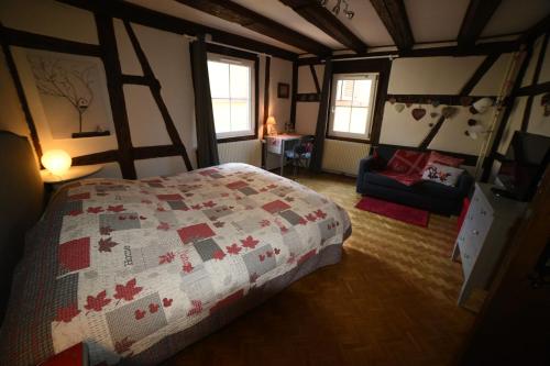 a bedroom with a bed and a couch in a room at Gite Bim Maidala in Colmar