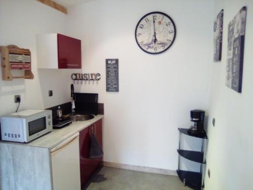 a kitchen with a microwave and a clock on the wall at Dolce Casa in Sainte-Foy-lès-Lyon