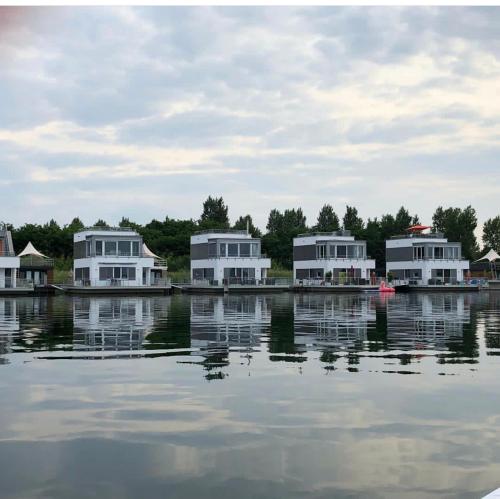 a group of houses sitting on top of a body of water at Hausboot Elandi in Bitterfeld