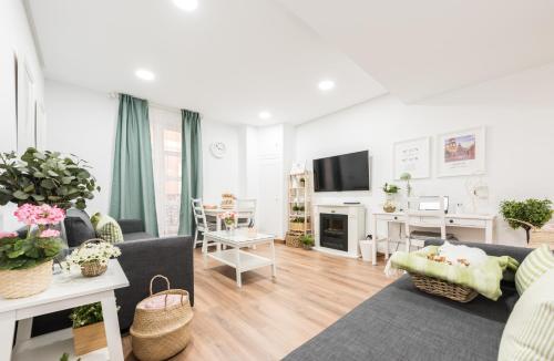 ein Wohnzimmer mit einem Sofa und einem TV in der Unterkunft Apartment Sol Gran Vía in Madrid
