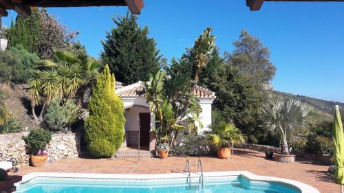 a villa with a swimming pool and palm trees at Finca el Regalo in Cómpeta