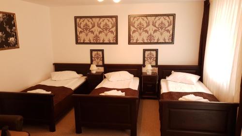 a room with two beds in a room at Hotel Popasul Regelui Transalpina in Tău Bistra
