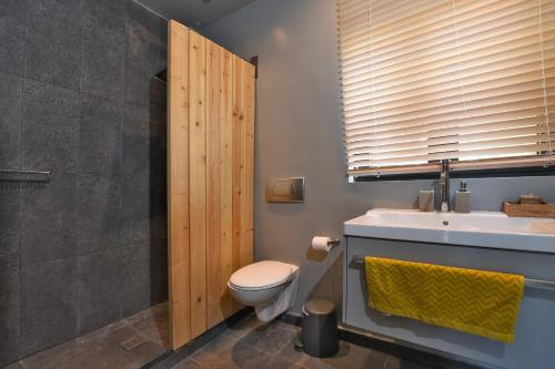 a bathroom with a toilet and a sink and a window at Elia Seafront Villa in Elia