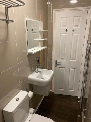 La salle de bains est pourvue de toilettes, d'un lavabo et d'un miroir. dans l'établissement Apartment 20 @ Excel London, à Londres