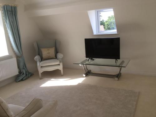 a living room with a television and a chair at Park House in Budleigh Salterton