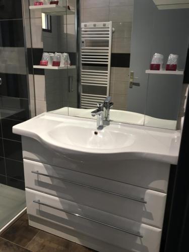 W łazience znajduje się biała umywalka i lustro. w obiekcie Gîte aux Portes d'Aubrac w mieście Salgues