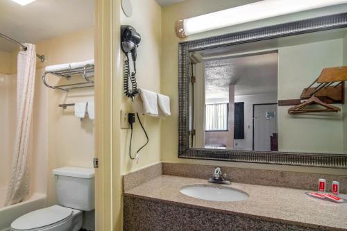 a bathroom with a toilet and a sink and a mirror at Econo Lodge Inn & Suites in Fort Oglethorpe