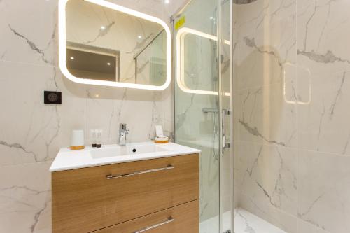 een badkamer met een wastafel en een douche met een spiegel bij CMG Montmartre/ Marché Saint-Pierre in Parijs