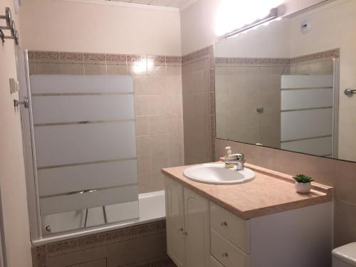une salle de bain avec un lavabo et un miroir dans l'établissement Fréjus plage T2, piscine, parking, plages à 200m, à Fréjus