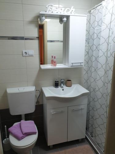 a bathroom with a toilet and a sink and a mirror at MARILU in Korčula