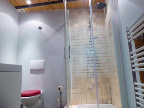 Un baño con ducha de cristal con inodoro. en Le Mas des Sages, en Aubussargues