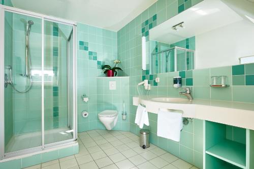 een badkamer met een douche, een wastafel en een toilet bij Gasthof Weichlein in Wachenroth