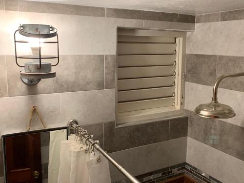 a bathroom with a sink and a mirror and a light at RAIROYALE AT SAND CASTLES in Ocho Rios