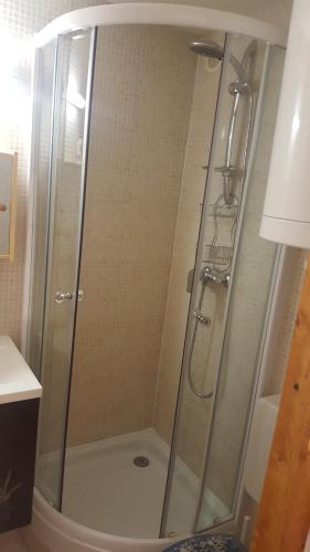 una doccia con porta in vetro in bagno di Appartement T2 avec son rez de jardin de 40 m2 5 couchages 250m de la plage et 15km de l'Arena a Narbonne-Plage