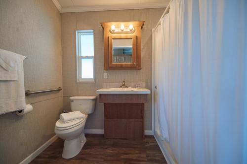 a bathroom with a toilet and a sink and a mirror at Bethpage Hewick One-Bedroom Cottage 25 in Urbanna