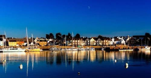 a marina with boats in the water and houses at Abri du pêcheur in Étel
