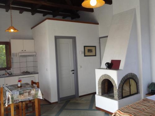 a kitchen with a fireplace in a living room at Villa Enallaxis in Agios Dimitrios