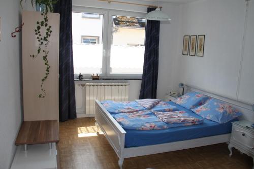 a bedroom with a bed with blue sheets and a window at Casa Maria in Saint-Vith