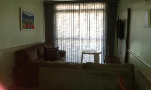 ein Wohnzimmer mit einem Sofa und einem Fenster in der Unterkunft condominio palmeiras in Ubatuba