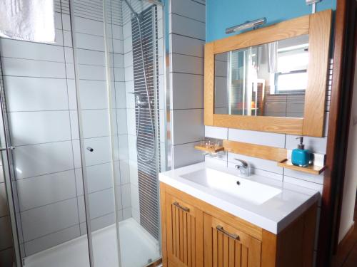 a bathroom with a shower and a sink and a mirror at Mira River in Vila Nova de Milfontes