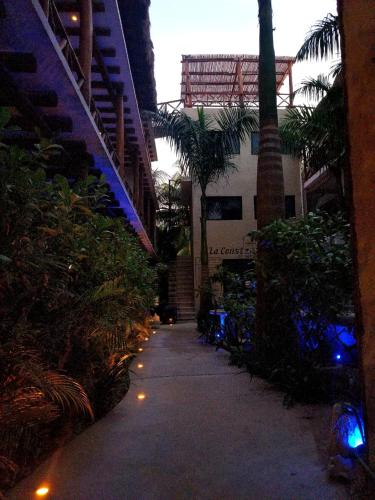 a street with palm trees and a building with lights at La Constanza de Rulo in Holbox Island