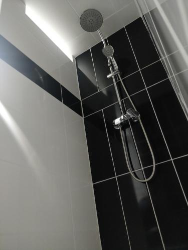 La salle de bains est pourvue d'une douche et de carrelage noir. dans l'établissement Très Bel Appartement Neuf et Moderne 63m2 à Obernai, à Obernai