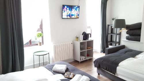 a bedroom with two beds and a tv on the wall at Pasta Factory Guest Rooms in Galway