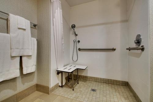 baño con ducha y mesa pequeña. en Holiday Inn Express - Lexington East - Winchester, an IHG Hotel en Winchester
