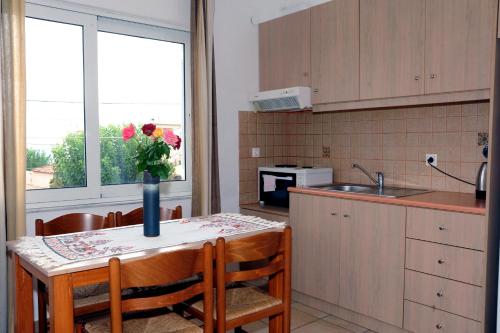a kitchen with a table with a vase of flowers on it at Evilion hotel in Stalos