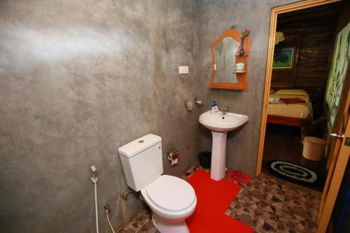 a bathroom with a white toilet and a sink at Mount Wood Star in Ella