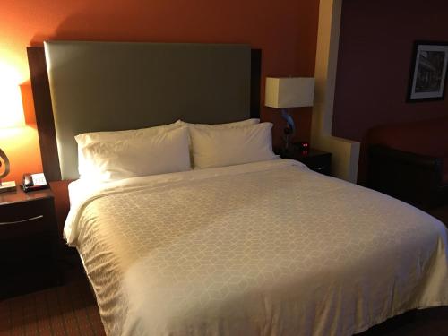a bedroom with a large bed with white sheets and pillows at Holiday Inn Express Hotel & Suites Laurinburg by IHG in Laurinburg