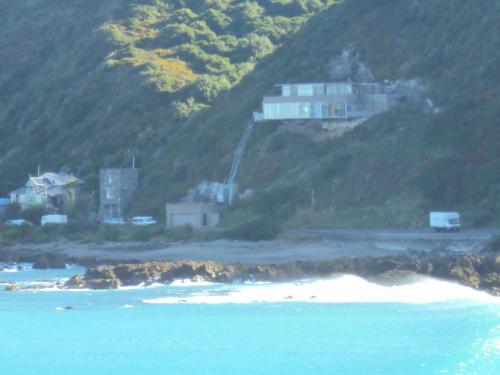a group of houses on a hill next to the ocean at Starship Enterprise in Wellington