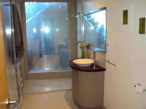a bathroom with a sink and a shower at Starship Enterprise in Wellington