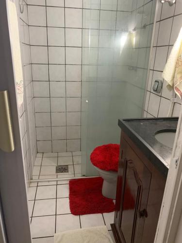 ein Bad mit einer Dusche, einem WC und einem Waschbecken in der Unterkunft Apto mobiliado no Jardim Renascenca in São Luís