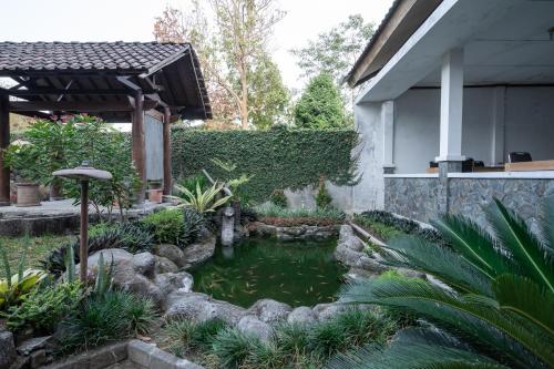 a pond in the backyard of a house at Hotel O Omah Duwet in Yogyakarta