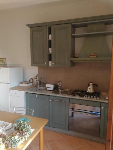 a kitchen with blue cabinets and a stove and a table at Le Carcare in Santo Stefano del Sole