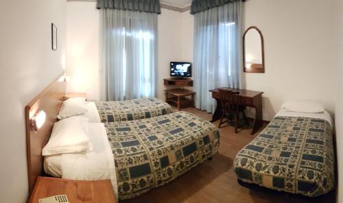 een slaapkamer met 2 bedden, een bureau en een televisie bij Hotel International in Tarvisio