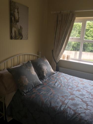 a bed with pillows in a bedroom with a window at Tara Lodge Galway in Galway