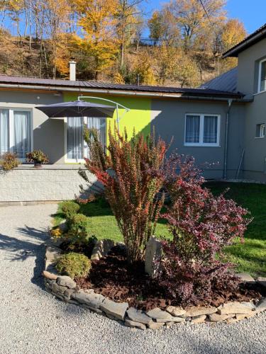 a garden in the driveway of a house at Ubytovanie pod Skalkou in Dolný Kubín