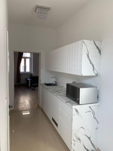 eine Küche mit weißen Arbeitsplatten und einer Mikrowelle in der Unterkunft Colony Apartments in Wien