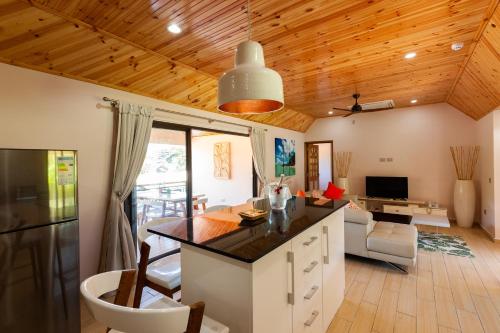 a kitchen and living room with a counter and a dining room at Casa De Leela Self Catering Guest House in La Digue