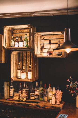 a shelf filled with lots of bottles of alcohol at Gaggle of Geese Pub - Shepherd Huts & Bell Tents in Dorchester
