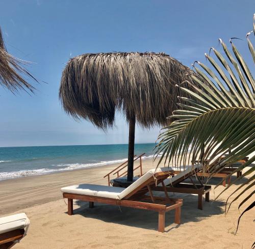 a group of chairs and an umbrella on the beach at El Samay Hotel Boutique in Canoas De Punta Sal